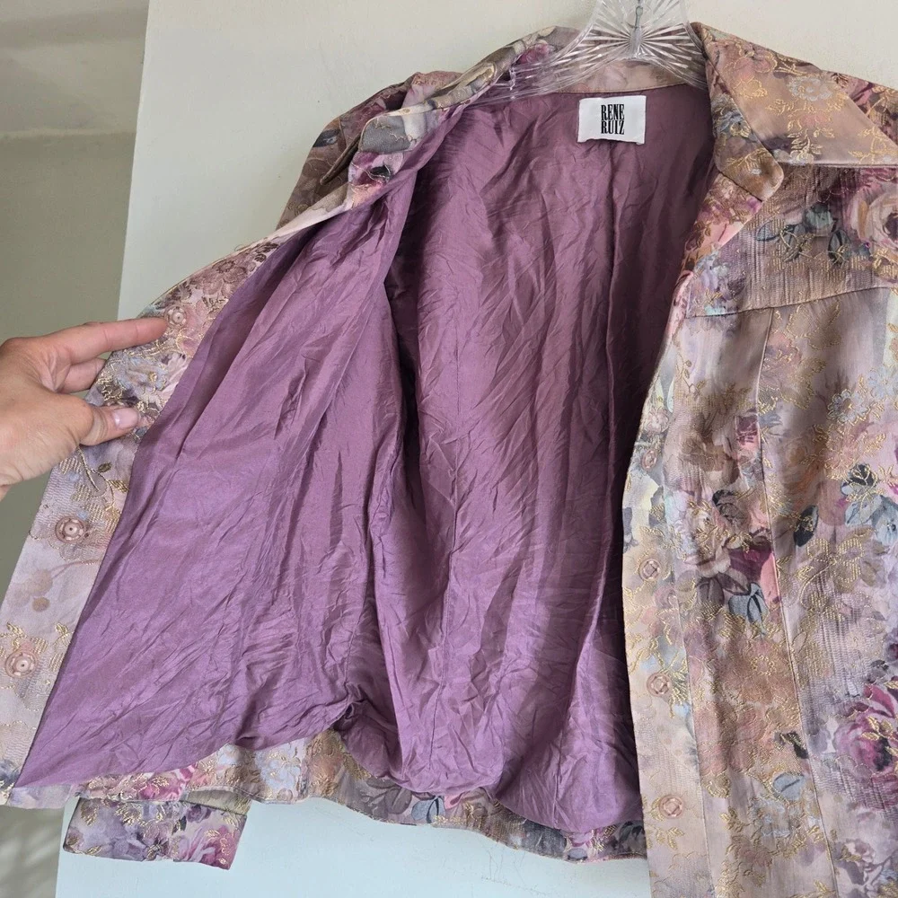 Rene Ruiz Designer Floral Brocade  Purple Snap Front Colorful Blazer Jacket‎